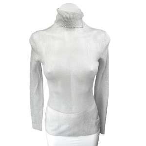 NEW Ser.O.Ya Piper Gray Linen Knit Turtleneck Long Sleeve Sheer Sweater Top Sz M